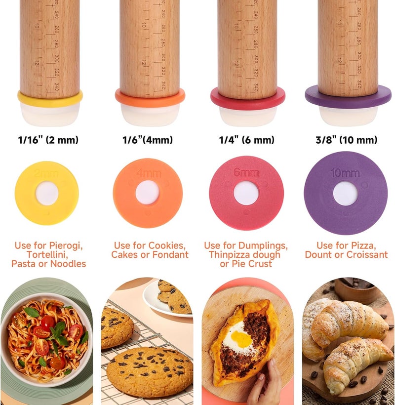 Olforce Wooden Rolling Pin with Thickness Rings and Pastry Baking Mat, Pizza, Cookie, Bread, Pie Crusts,Roller Rod for Dough Thickness, 13.6" with 4 Multicolored Thickness Rings&Cookie Molds - Image 4